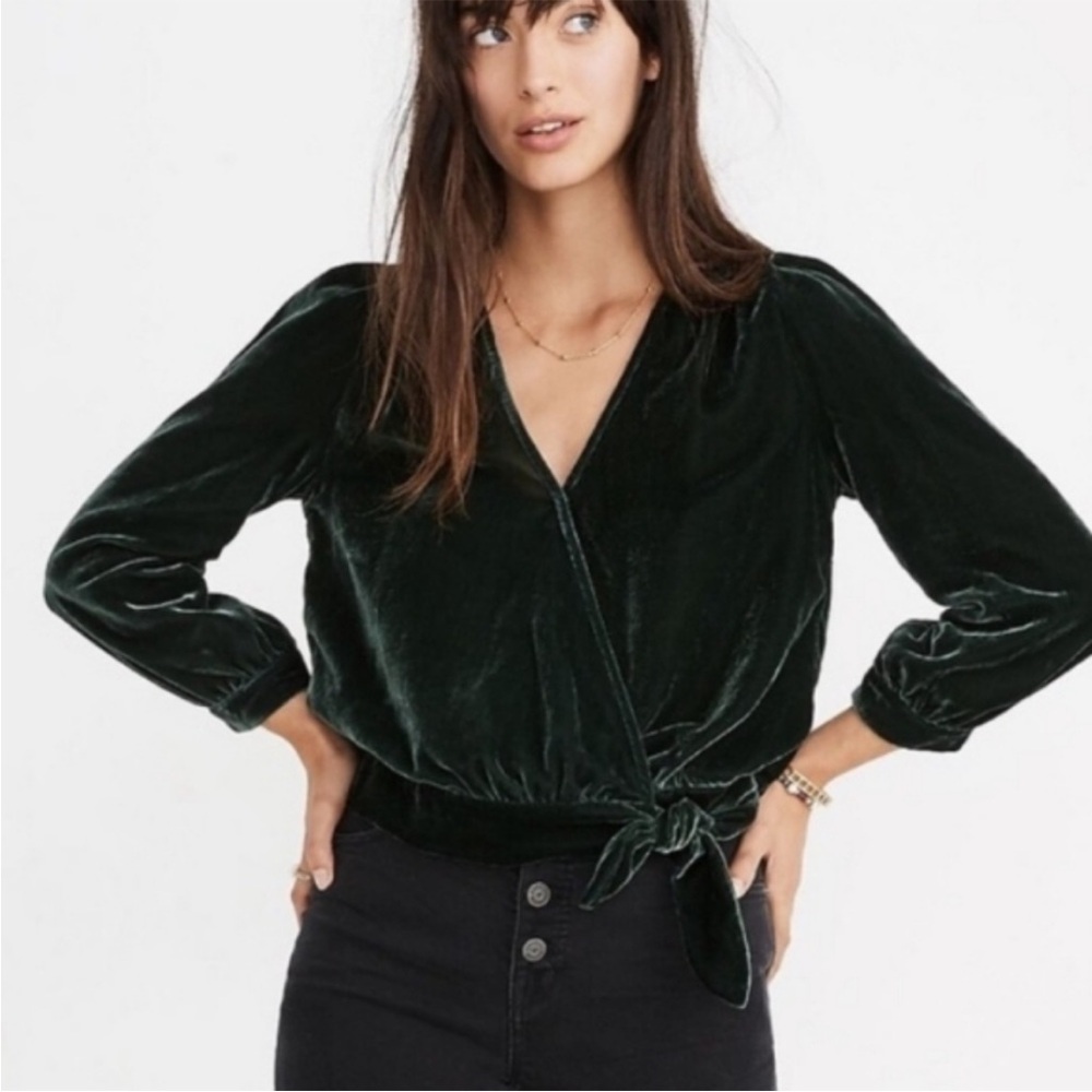 Madewell Emerald Green Velvet Top with Side Tie
